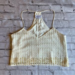 Bebe Crochet Beaded Boho Ivory Tank Crop Top Lined Small